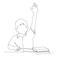 Continuous one line drawing of a Happy boy sitting in class raises his hand. vector