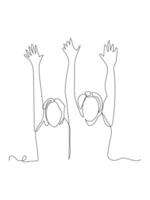 Continuous one line drawing of father and daughter rising hand up . vector