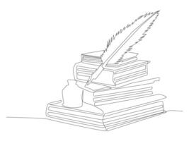One continuous line drawing of stack books and opened notebook. vector