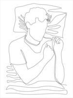 Continuous line art of a man is sleeping on the bed. vector