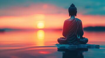 A serene Buddha statue sits in meditation, facing a tranquil sunset over calm waters, symbolizing peace and spiritual reflection. photo