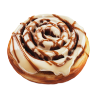 Freshly baked cinnamon roll with creamy glaze and chocolate drizzle served on a plain background png