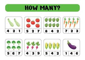Count how many vegetables there are and choose the correct number. Printable sheet illustration vector