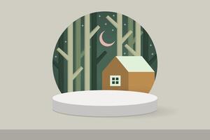 Cylinder Podium on the green Floor with Scenery of Countryside in Christmas Time for Background, Suitable for Premium Product Presentation Backdrop, Display, and Mock up. vector