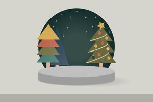 Cylinder Podium on the green Floor with Colorful Christmas Trees for Background, Suitable for Premium Product Presentation Backdrop, Display, and Mock up. vector