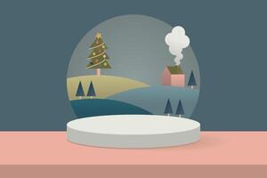 Cylinder Podium on the green Floor with Scenery of Countryside in Christmas Time for Background, Suitable for Premium Product Presentation Backdrop, Display, and Mock up. vector
