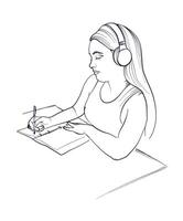 a young girl writes in a notebook with a pen while sitting at a table with headphones illustration vector
