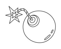 Hand drawn cute outline illustration of bomb with burning wick. Danger explosive weapon. Flat stress or problem line art doodle style. Planning or time management icon. Event deadline. Isolated vector