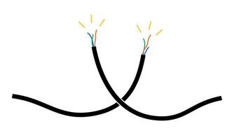 Hand drawn cute cartoon illustration of broken sparking electric wire. Flat disconnected damaged energy cord doodle. Short circuit. System network error 404 icon. Not found mistake. Isolated. vector