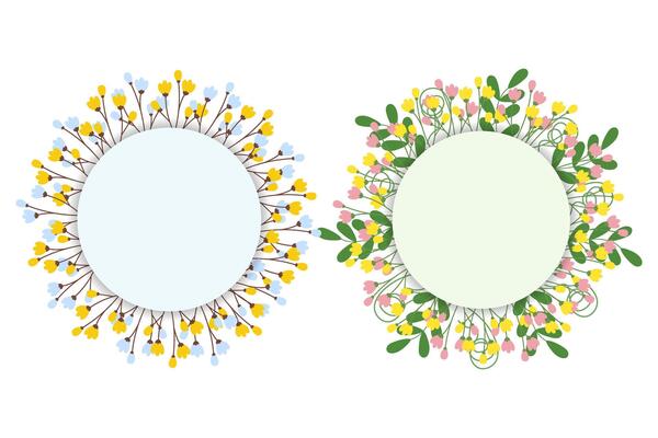 Circle frames with blossom branches and decorative twigs Set of 2 Floral compositions with Copyspase Isolated. Lettering or cards template, posters, greetings, invitation or web illustration