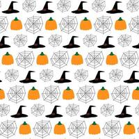Witch Hats, pumpkins and cobwebs Seamless pattern Isolated. Halloween greetings background texture. illustration. Wrapping, wallpaper, packing or web, cards, posters, leaflets backdrop idea vector