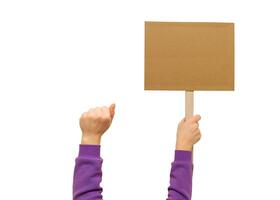 Woman's hand holding blank banner mock up on wood stick isolated. Empty board plank with space for shouting text rule or protest word. photo
