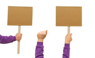 Woman's hand holding blank banner mock up on wood stick isolated. Empty board plank with space for shouting text rule or protest word. photo