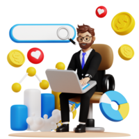 Business man browsing on laptop 3d character illustration for uiux, web, app, infographic, etc png