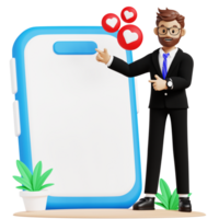 Business man showing smartphone 3d character illustration for uiux, web, app, infographic, etc png