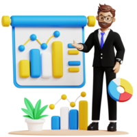 Business man present data analysis 3d character illustration for uiux, web, app, infographic, etc png