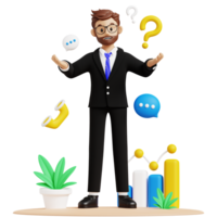 Business man asking questions 3d character illustration for uiux, web, app, infographic, etc png