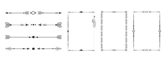 Frame set with tribal native indian arrow, ornament. Border thin line divider decoration with feather, simple motif on white background vector
