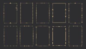 Gold frame set with tribal native indian arrow, ornament. Border thin line divider decoration with feather, simple motif. vector