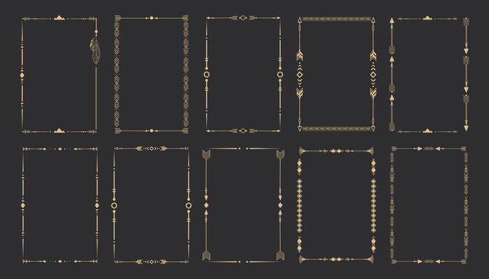 Gold frame set with tribal native indian arrow, ornament. Border thin line divider decoration with feather, simple motif.