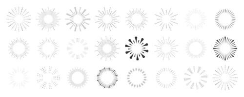 Set Fireworks, rays, sunburst frames circle border decoration, sparkle in doodle style, line sketch explosion isolated on white background. vector