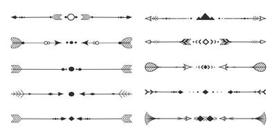 Frame set with tribal native indian arrow, ornament. Border thin line divider decoration with feather, simple motif on white background vector