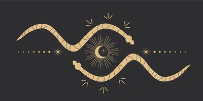 Celestial serpent snake circle frame, esoteric tarot or tattoo mystery sacred symbol border. Linocut style boho. Occultism and religion, sacred rites and sacrifice. Reptile vector