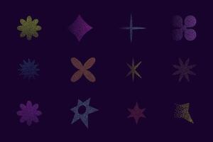 Abstract elements with sand grain texture, y2k retro grunge dotwork gradient. Stars flowers. pointillism holographic blur . vector