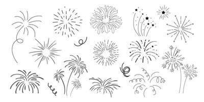 Set fireworks doodle line explosion radial sparkler with rays, hand drawn firecrackers simple and round decoration isolated on white background. vector