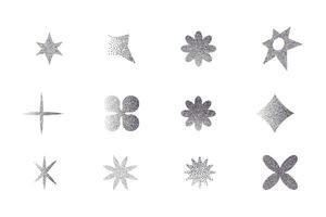 Abstract elements with sand grain texture, y2k retro grunge dotwork gradient. Stars flowers. pointillism holographic blur . vector