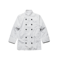 Chef's white coat hanging on a plain background, showcasing the classic double-breasted style with black buttons png