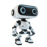 A futuristic robot with expressive eyes standing in a bright, minimalistic environment, ready for interaction png