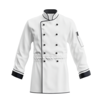 Chef uniform displayed on a mannequin, showcasing a classic white design with black accents and buttons, ideal for culinary professionals png
