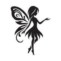Silhouette of a fairy with ornate wings, interacting with a butterfly vector