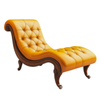 Elegant orange chaise lounge with tufted design and wooden legs in a modern living room setting png
