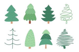 Hand drawn Christmas tree set. Christmas doodle tree of different shapes. Stock illustration isolated on a white background. vector