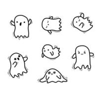 Doodle ghost. Halloween little ghost in cute kawaii style. funny smiling samhain ghosts set, spirit and sweets on white background. trick or treat stock cartoon image. vector