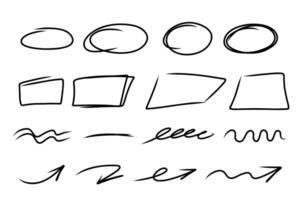 Highlight hand drawn oval frames, arrows, lines. Handdrawn marker underlines scribble doodle circle set. Ovals and ellipses line template. Stock illustration isolated on white background. vector