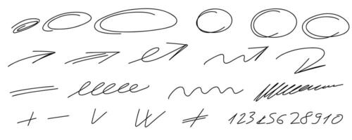 Highligh oval frame set. Marker hand drawn lines, arrows, check mark, circle, isolated on white background. Marker pen highlight underline strokes. graphic doodle element. vector