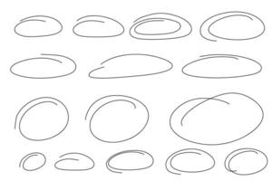Hand drawn highlight ovals and circles set. Ovals of different widths. Highlight circle frames. Ellipses in doodle style. Set illustration isolated on white background. vector