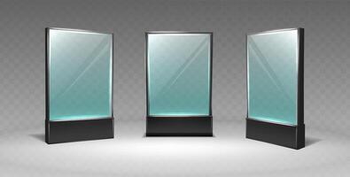 3d realistic icon display glass stand or acrylic table tent. front and side view. Empty menu frame. vector