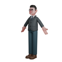 3D Male Teacher Character in Action. A man in formal attire stands with open arms, appearing as if he is speaking or delivering a message to an audience. Professional png