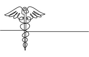 Continuous single line art drawing of caduceus as a symbol of medicine outline vector