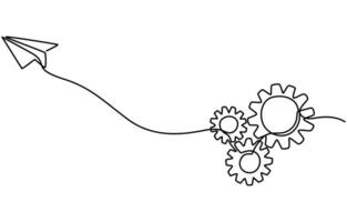 Gears with paper airplane one continuous editable line vector