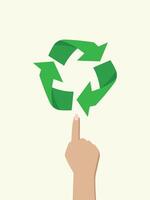 sustainable practices with a hand pointing towards a green recycling symbol vector