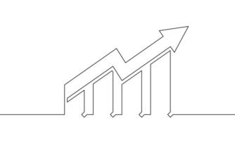 Continuous line drawing of arrow up with bar chart. Illustration of growth graph. Single line art of business icon. Object one line. Increasing arrow sign symbol vector