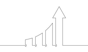 Continuous line drawing of bar chart. Illustration of graph icon. Single line art of business growth. Bar chart sign symbol. Arrow up, increasing arrow. Object one line vector