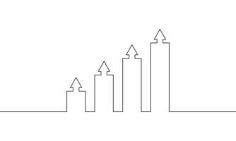 Continuous line drawing of graph. Illustration of bar chart icon. Arrow up sign symbol. Business growth concept. Single line art. Object one line vector