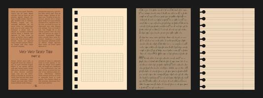 Old scrapbook paper sheets and newspaper. Retro pages with with lines, cells and illegible writing. Notebook set for collages and social media background vector