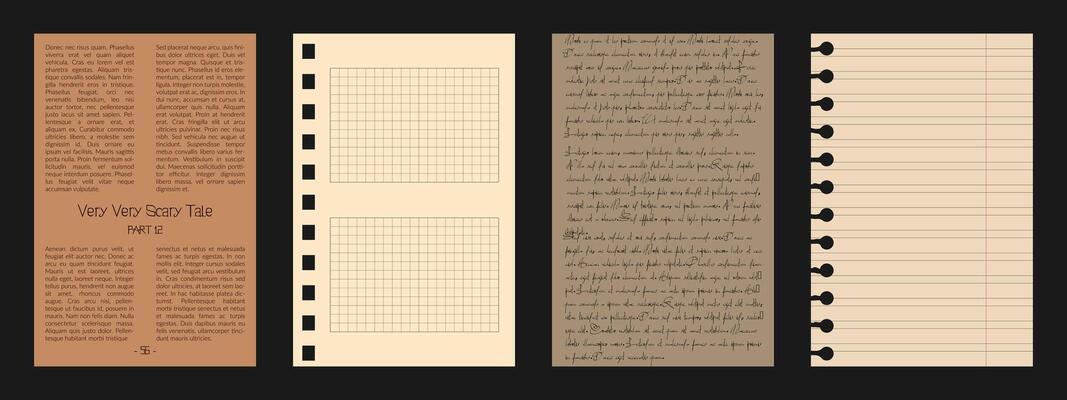 Old scrapbook paper sheets and newspaper. Retro pages with with lines, cells and illegible writing. Notebook set for collages and social media background